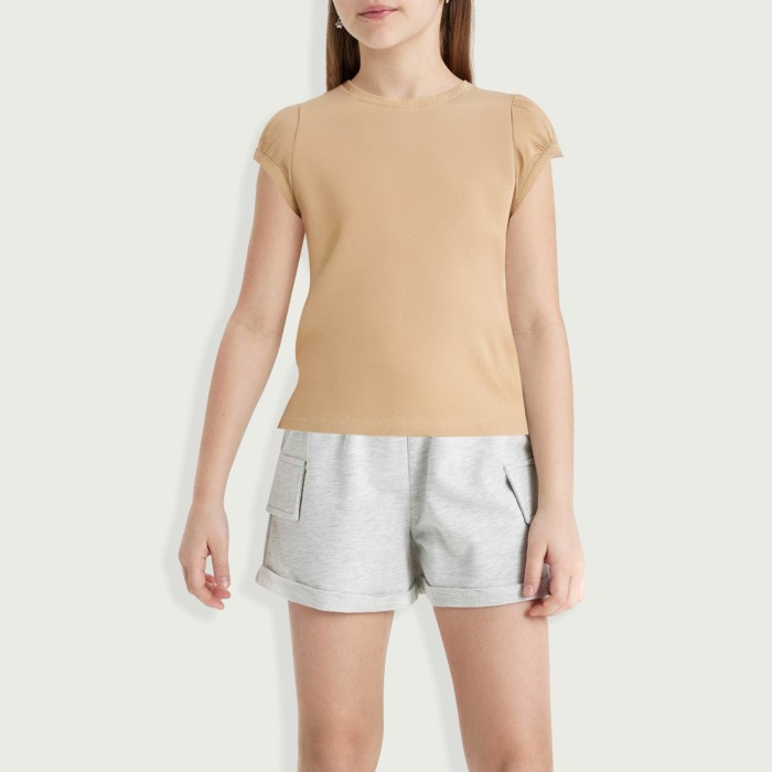 Girls Puff Sleeve Short Round Neck T-Shirt