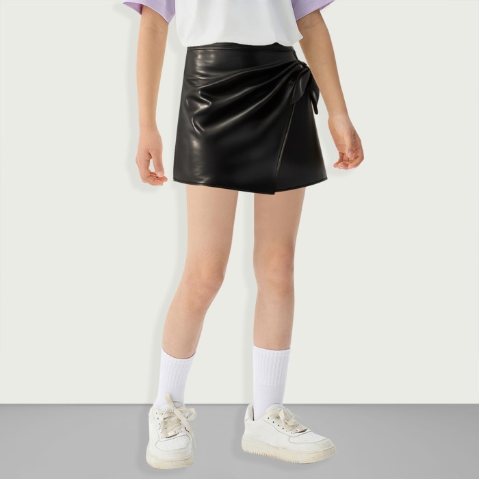 Girls PU Leather Wrap Knotted Pleated Side Culottes