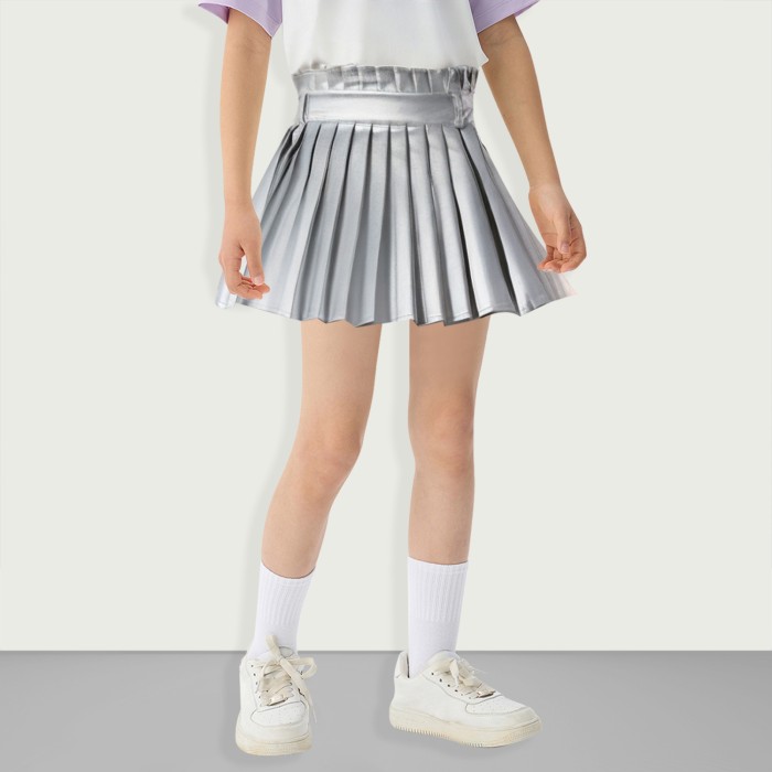 Girls Fashion Pleated Faux Leather Short Skirt