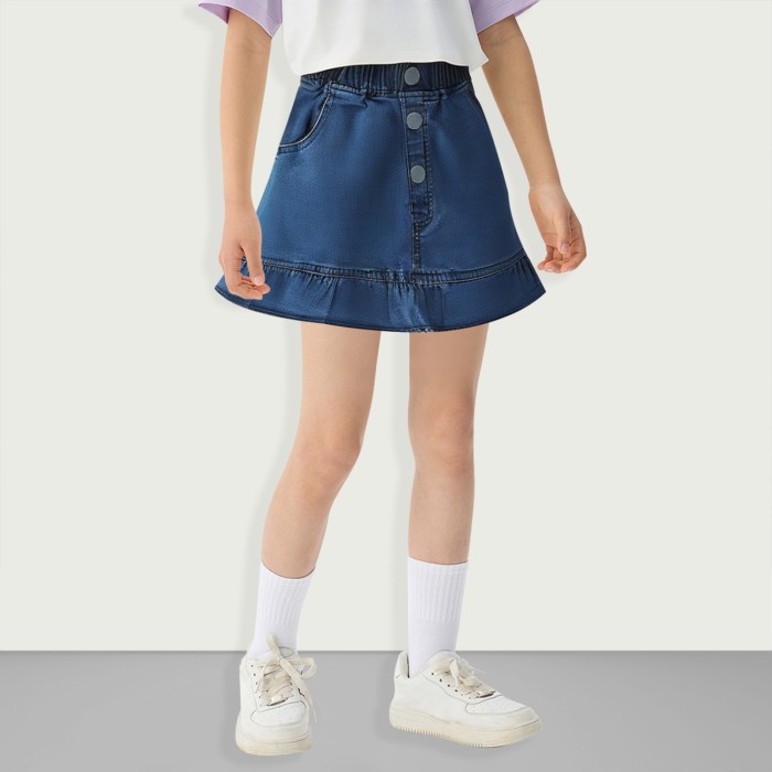 Girls Denim Lace Ruffle Mini Flare Skirt