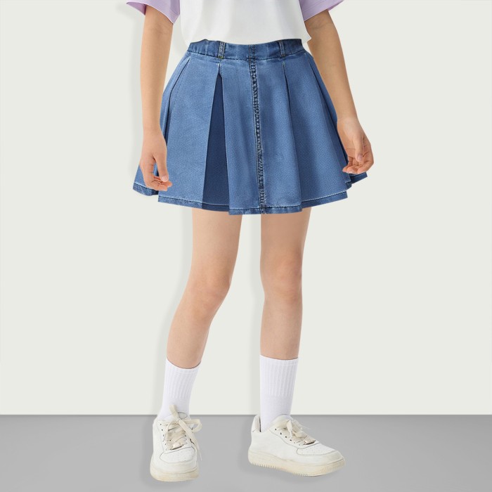 Girls Pleated Denim A-Line Elastic Waist Mini Flared Skirt