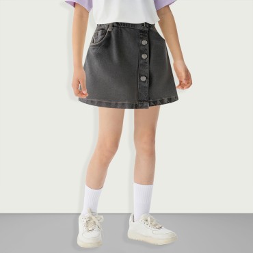 Girls High Waist Button Front Asymmetric Denim Mini Skirt