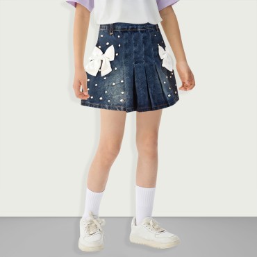 Cotton Pearl Embellished Bow Mini Denim Skirt