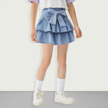 Girls Bow Layered Ruffle Denim Skirt