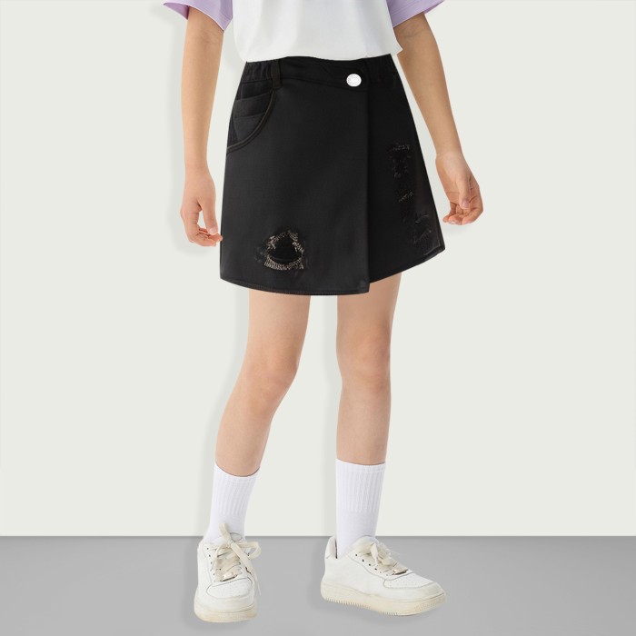 Girls Button Elastic Waist Denim Wrap Mini Skirt Pants
