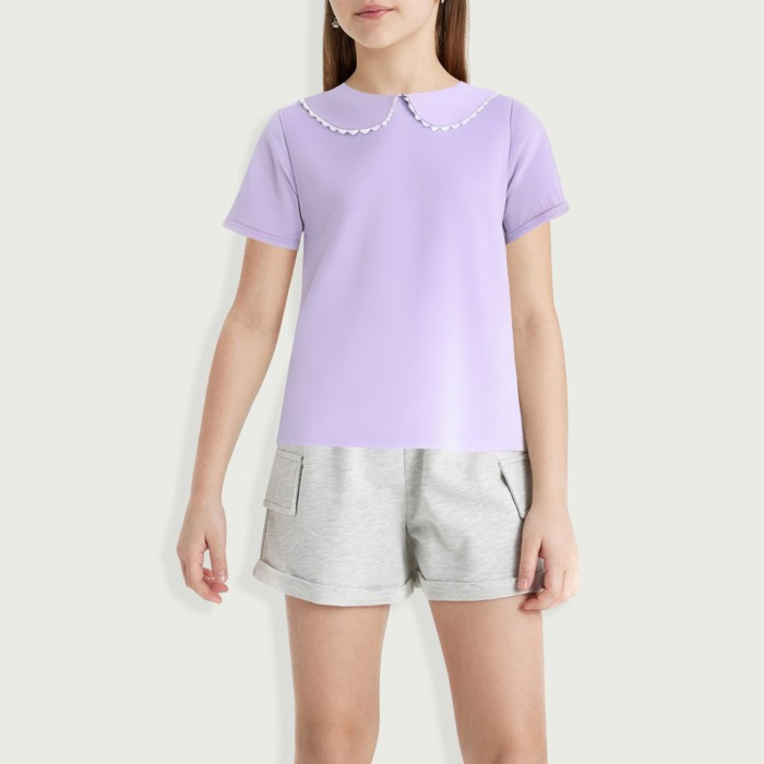 Girls Puff Sleeve Button Short Sleeve Solid Color Top