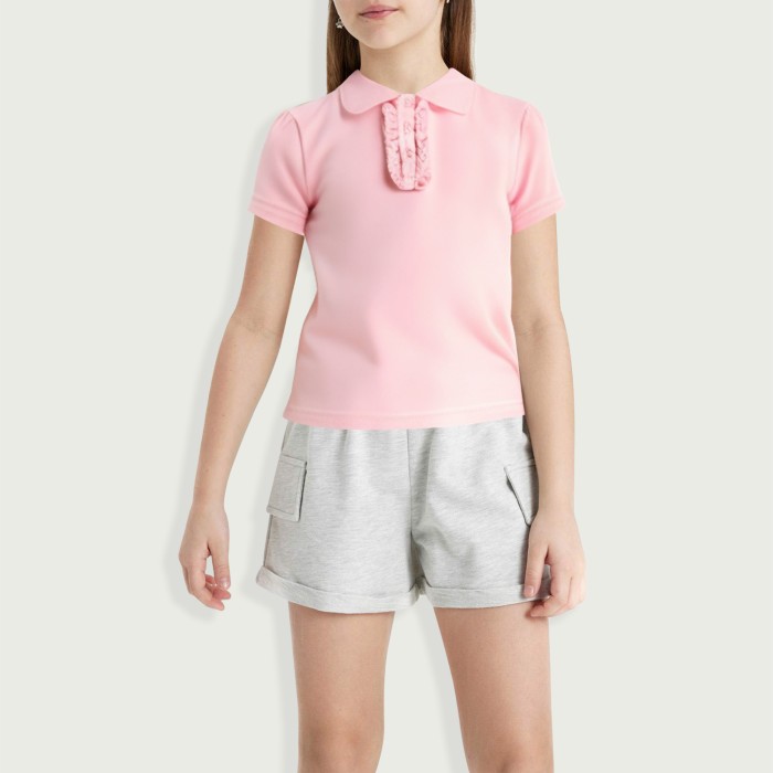 Girls Short Sleeve Ruffled Mesh Cotton Polo Shirt