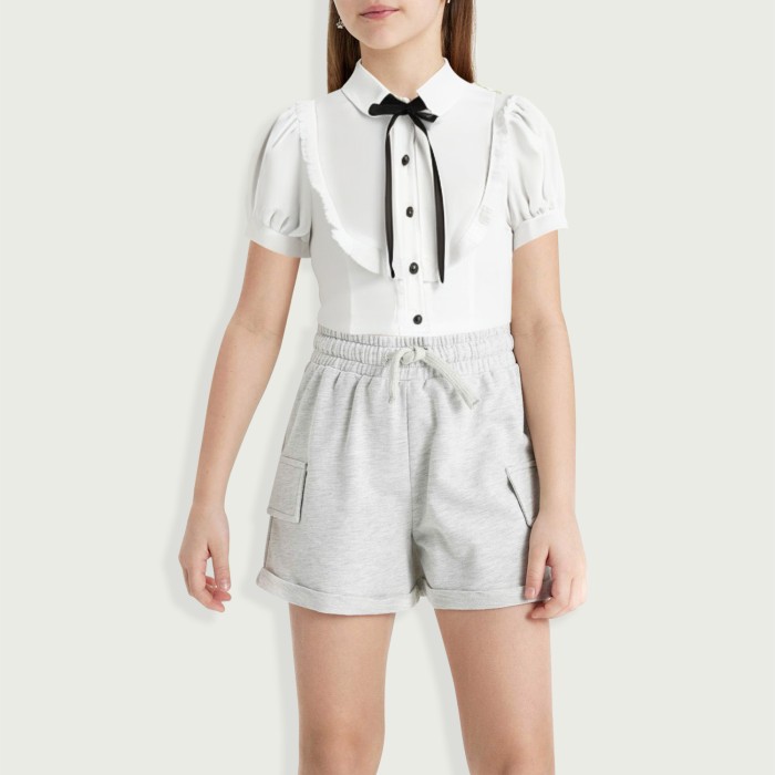 Girls Tie Puff Sleeve Ruffle Button Cropped Shirt