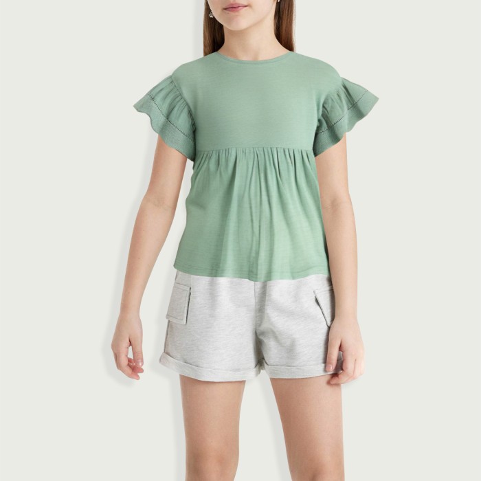 Girls Short Sleeve Babydoll Eyelet Embroidery T-Shirt