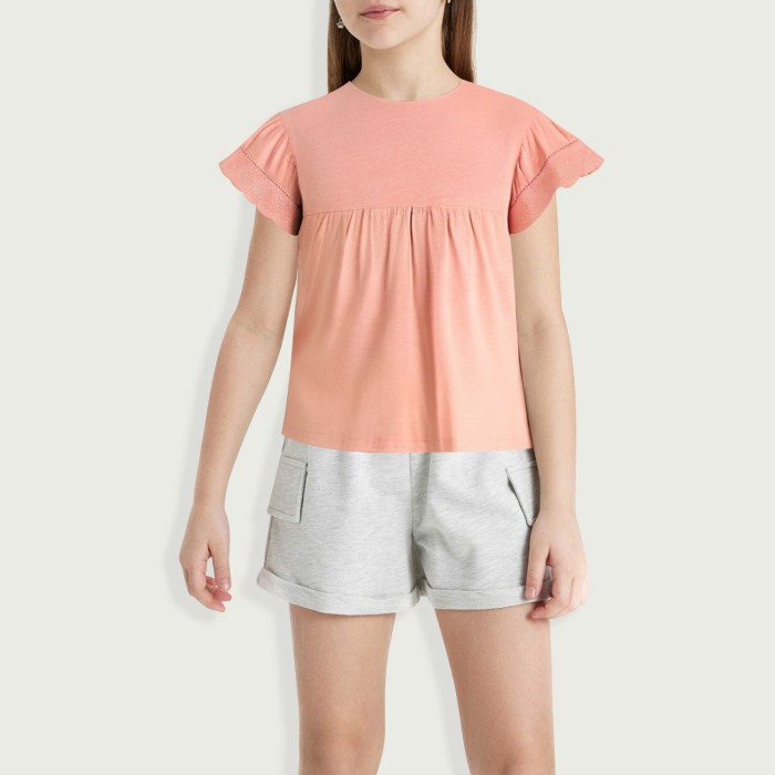 Girls Pink Short Sleeve Babydoll Eyelet Embroidery T-Shirt