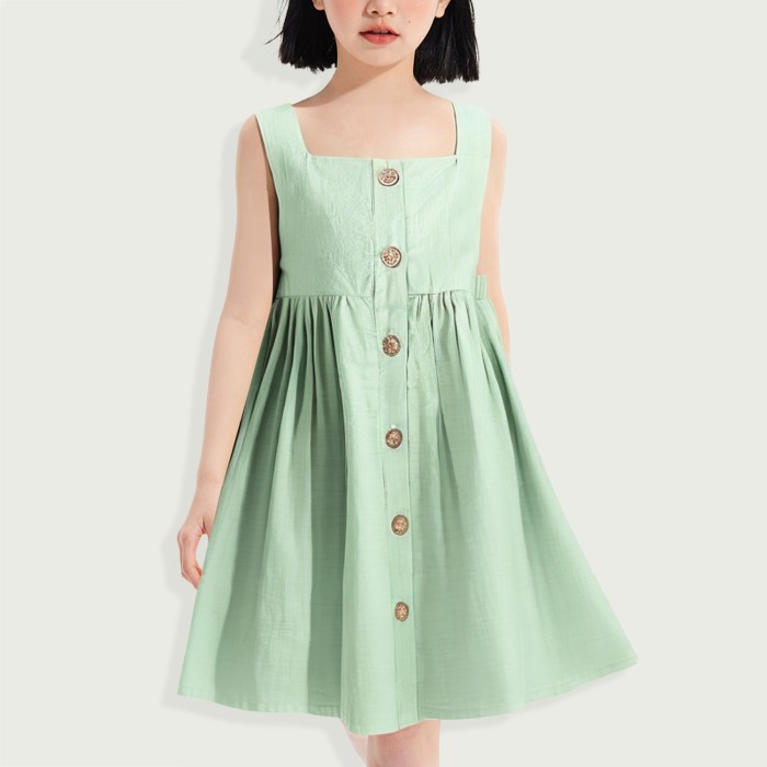 Girls Cotton and Linen Summer Sling Sleeveless Button Beach Dress