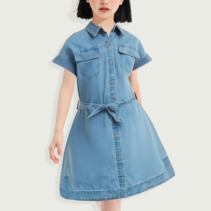 Girls Short Sleeve Chambray Denim Shirt Dress