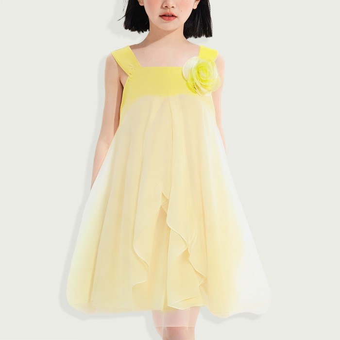 Girls Dress Sleeveless Backless Floral Multi-layer Chiffon