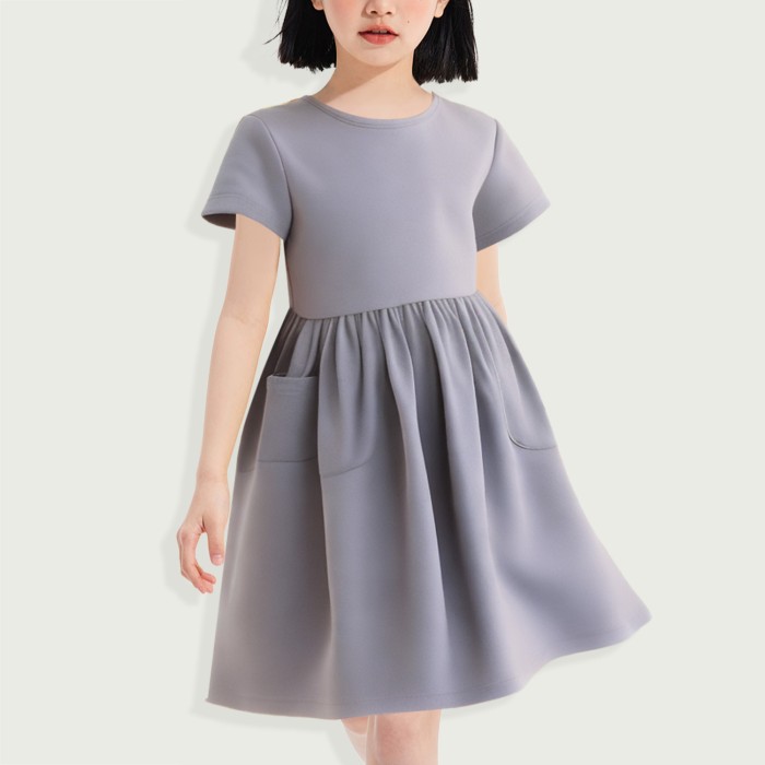 Short Sleeve Solid Color Casual A-Line Pleated Dress with Pockets