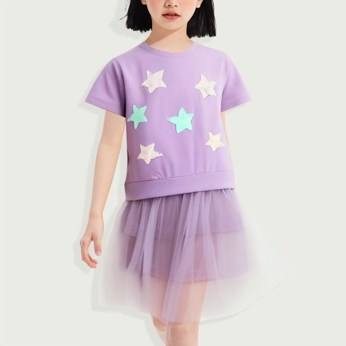 Explosive Short Sleeve Glitter Star Sticker Soft Tulle Dress