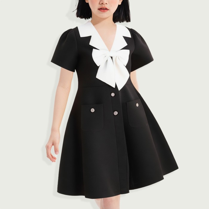 Temperament contrast color bow princess dress